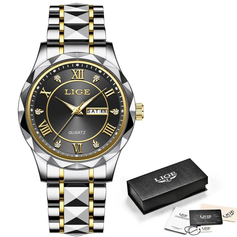 LIGE Luxury Quartz Men Watch Waterproof Luminous Date Week Man Watch Stainless Steel Business Wristwatches Male Clock Reloj+Box