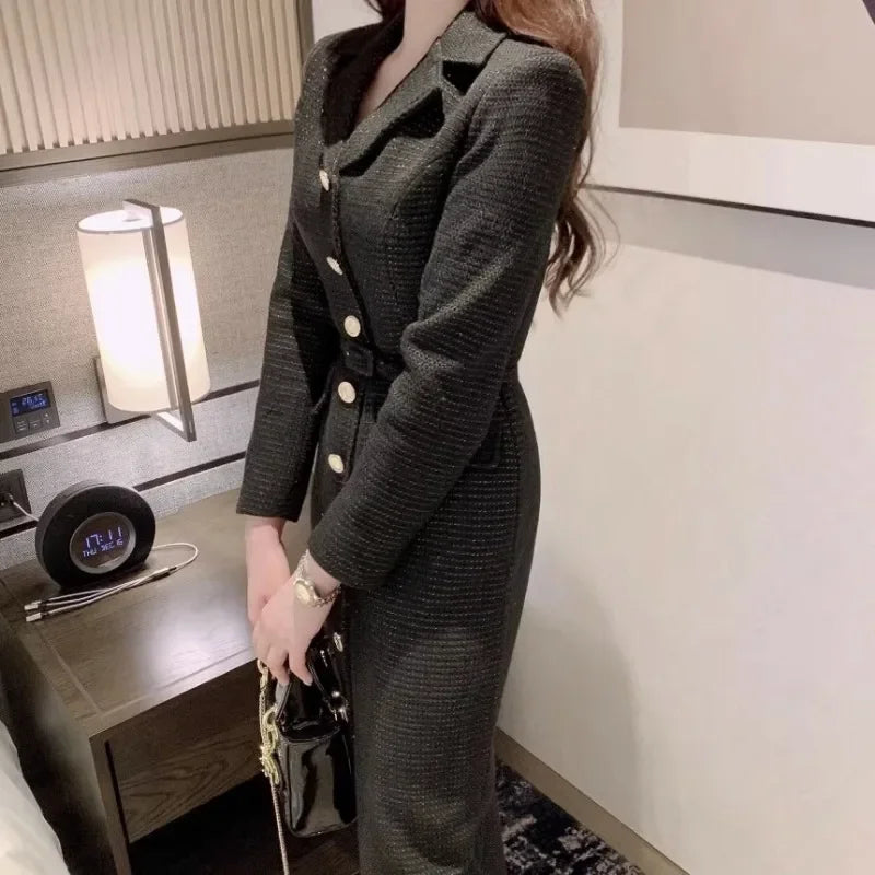 Tweed Midi Dress Metal Button Single Breasted Belt Slim Vestidos Fall Winter Solid Retro Robe