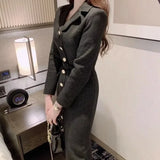 Tweed Midi Dress Metal Button Single Breasted Belt Slim Vestidos Fall Winter Solid Retro Robe