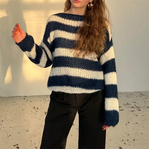 Lamuusaa Striped Sweater y2k Clothes Women Round Neck Long Sleeve