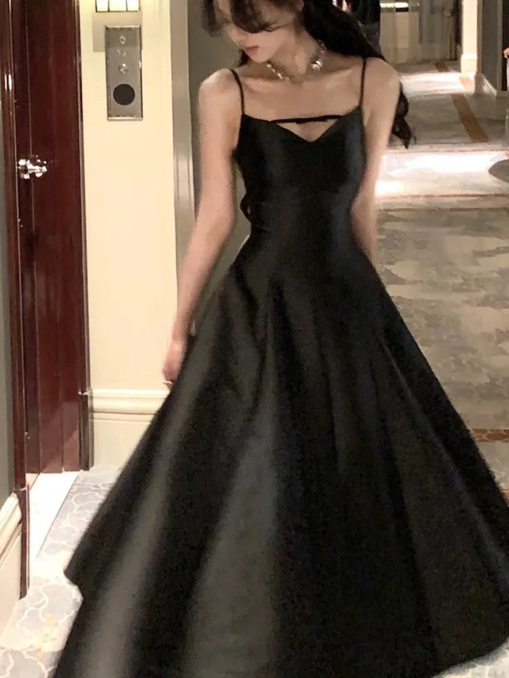 Elegant Solid Princess Evening Party Dress French Romantic Black Graduation Robe Korean
