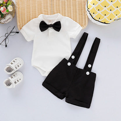 Mini Gentleman Outfit Newborn Baby Boy Formal Costumes Short Sleeve Shirt With Bow + Romper Short Pants