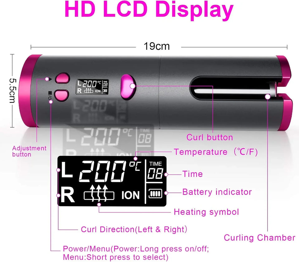 Automatic Wireless Hair Curler Cordless Rotating USB Rechargeable Curling Iron Display Temperature Adjustable Timing Hair Curler