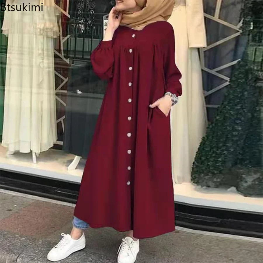 Women's Casual Muslim Dress Button Solid Long Sleeve Shirt Dress Pocket Robe Abayas for Women Open Abaya Dress