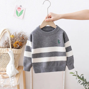Winter Toddler Boy Pullovers Cotton Cartoon Printed Long Sleeve Baby Boy Sweater Casual Striped Knitted Children Boys Top