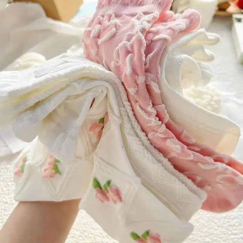 5 Pairs Cute Socks with Flowers Women Lace White Short Socks