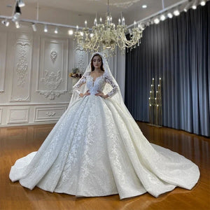 Customized 2025 Ball Gowns V Neck Wedding Dresses Applique Lace Bridal Dress Shiny robes de mariée Long Sleeves Vestido de novia