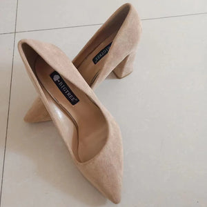 Women 8.5cm High Heels Elegant Pumps Lady Wedding Block Heels Scarpins Flock Suede Red Brown Nightclub Event Party Office Shoes