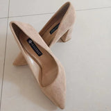 Women 8.5cm High Heels Elegant Pumps Lady Wedding Block Heels Scarpins Flock Suede Red Brown Nightclub Event Party Office Shoes