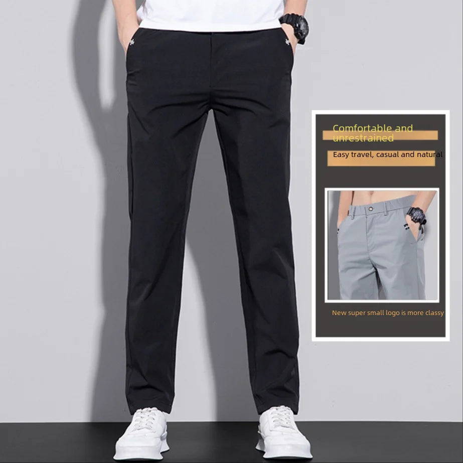 Summer Ice Silk Slim Fit Trousers Men's Thin Versatile Trendy Casual Straight-leg Trousers Quick-dry Slimming Men's Casual Pants