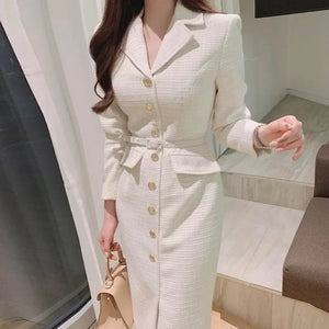 Tweed Midi Dress Metal Button Single Breasted Belt Slim Vestidos Fall Winter Solid Retro Robe