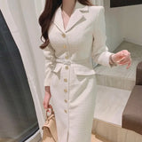 Tweed Midi Dress Metal Button Single Breasted Belt Slim Vestidos Fall Winter Solid Retro Robe