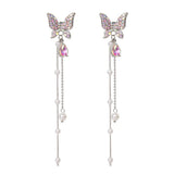 FTCY Purple Butterfly Tassel Earrings for Women Crystal Simulation Pearl Tassel Stud Earrings Women's Party Jewelry Gift