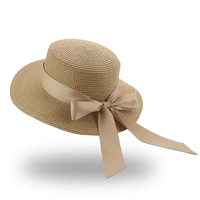 Summer Straw Hats for Women Flat Top Ribbon Bowknot Elegant Luxury  Hats