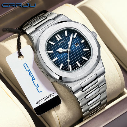 CRRJU Luxury Man Wristwatch Business Stainless Steel Quartz Men Watch Waterproof Luminous Date Square Men's Watches Clock