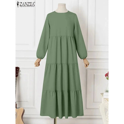 ZANZEA Muslim Islamic Tiered Long Dresses Women Casual Loose Long Puff Sleeve O Neck Abaya