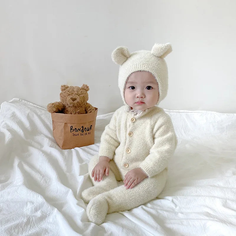 2Pcs Baby Winter Jumpsuits Hat Faux Fur Footed Newborn Romper for Girls Boys Clothes Soft Warm Toddler Outfit Set Kids Clothing