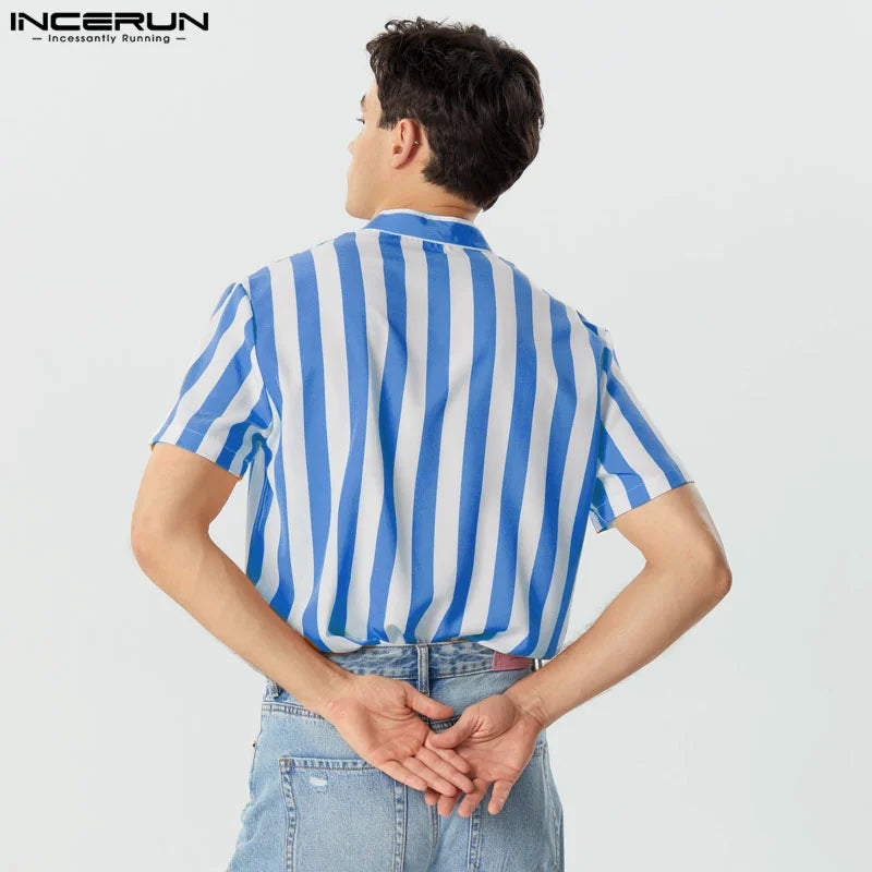 Men Striped Shirt Stand Collar Short Sleeve Casual Men