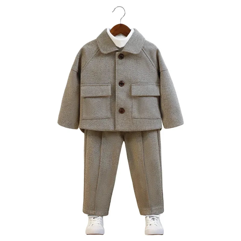 Children Autumn Outfits Gray Casual Blazers Jacket Trousers Two-piece 2 To 12 Years Kids School Uniform Spring Boys Wedding Suit