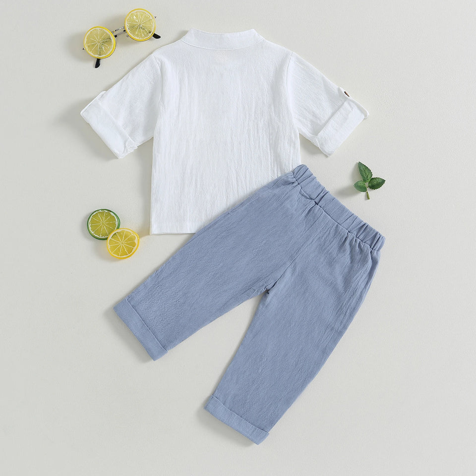 Pudcoco Kid Baby Boys Summer Outfits Solid Color Buttons Short Sleeve Shirts and Elastic Waist Long Pants 2Pcs Clothes Set 6M-4T