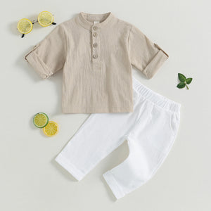 Pudcoco Kid Baby Boys Summer Outfits Solid Color Buttons Short Sleeve Shirts and Elastic Waist Long Pants 2Pcs Clothes Set 6M-4T