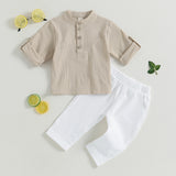 Pudcoco Kid Baby Boys Summer Outfits Solid Color Buttons Short Sleeve Shirts and Elastic Waist Long Pants 2Pcs Clothes Set 6M-4T