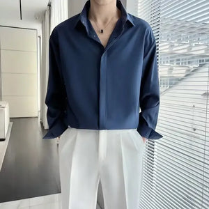 Autumn Loose-fit Korean Style Draped Long Sleeve Casual Shirt For Men