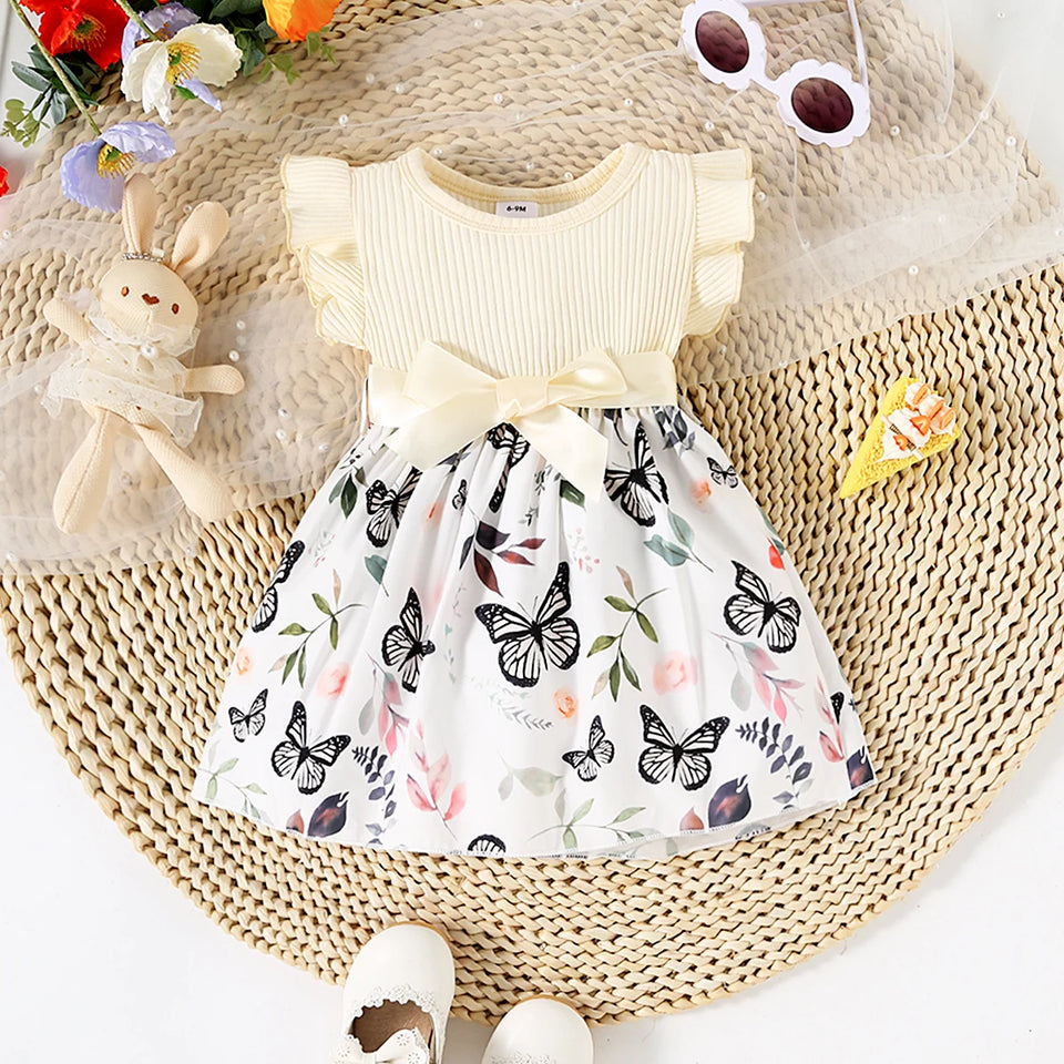 Baby Girl Butterfly and Plant Polka Dot Print Ruffle Sleeve Belt Dress + Ribbon