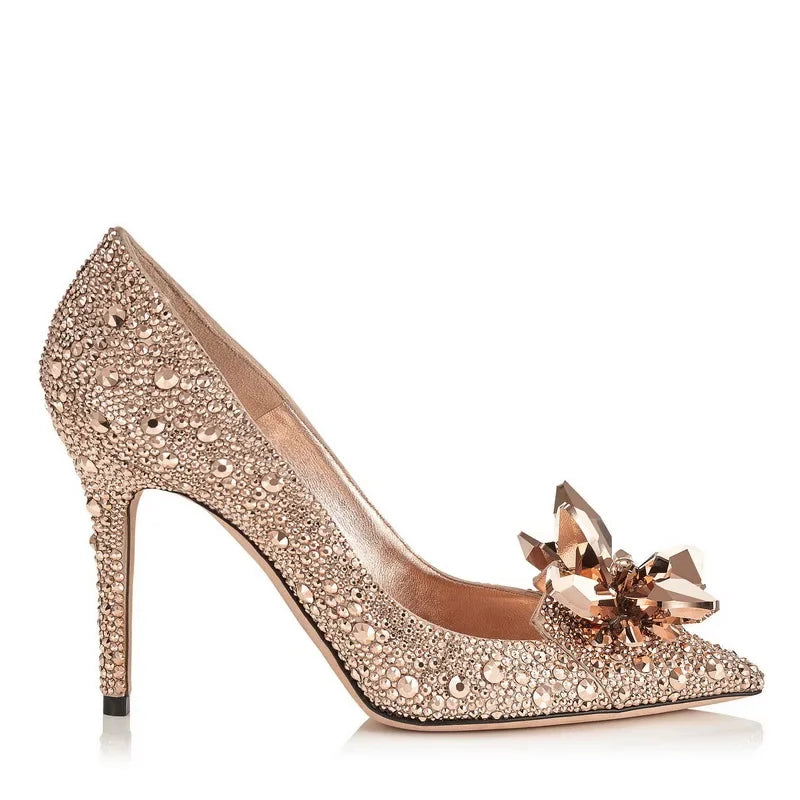 Red Crystal Covered Pointy Toe Pumps Luxury Rhinestone Cinderella Heels Wedding Shoes Bridal Stiletto Heel Women Shoes