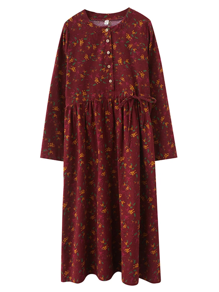Long Sleeve Cotton Linen Vintage Floral Print Dresses For Women  Casual Dress Robe Femme Elegant Clothing