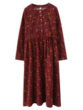 Long Sleeve Cotton Linen Vintage Floral Print Dresses For Women  Casual Dress Robe Femme Elegant Clothing