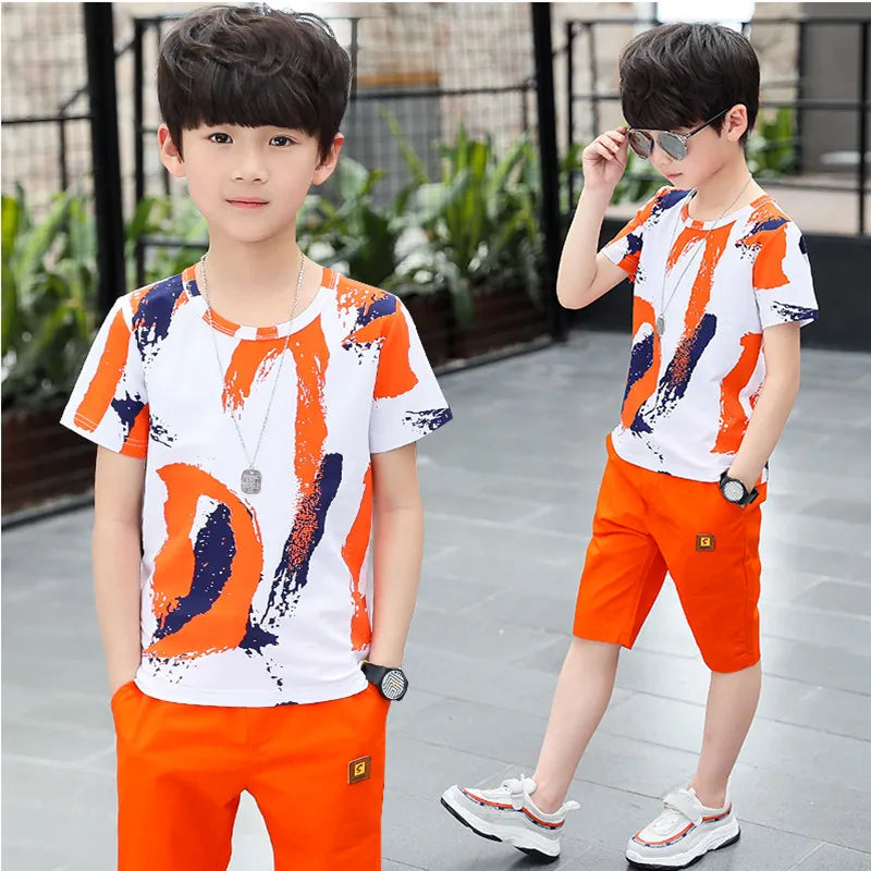 outfits Cotton Teenage Boys Clothing casual Suit Children Short Sleeve Shirt Shorts Set 4 6 8 12 Years