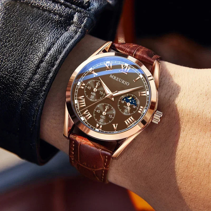 Luxury Brand Watch Men Quartz Watches Leather Strap Fake Three Eye Fashion Business Wristwatches