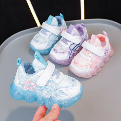 Disney Pink Elsa Princess Baby Girls Sneaker Cartoon Fashion Children's Shoes Autumn Kids Led Lighting Sports Sneakers