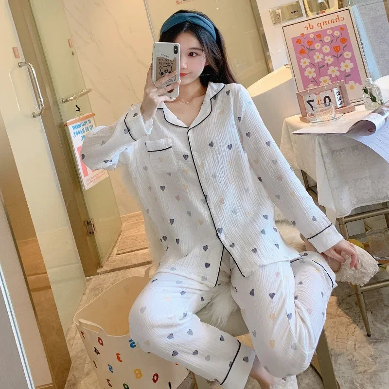 women's pajamas long sleeves pants Breathable soft Korean version sleepwear two piece-set