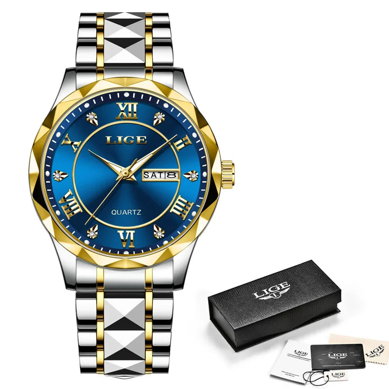 LIGE Luxury Quartz Men Watch Waterproof Luminous Date Week Man Watch Stainless Steel Business Wristwatches Male Clock Reloj+Box