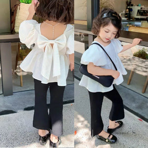 Girls Set Sweet Square Neck Bubble Backless Top with Side Split Flare Pants