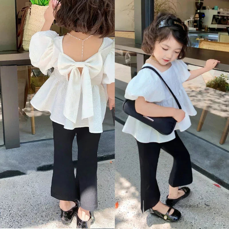Girls Set Sweet Square Neck Bubble Backless Top with Side Split Flare Pants