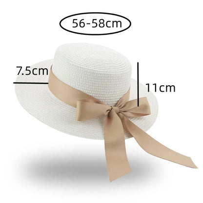 Summer Straw Hats for Women Flat Top Ribbon Bowknot Elegant Luxury  Hats