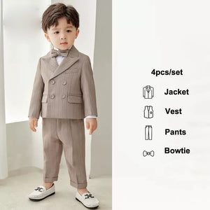 Boys Spring Summer Khaki Striped Suit Set Baby Child Birthday Party Wedding Photography Costume Kids Blazer Vest Pants Clothes