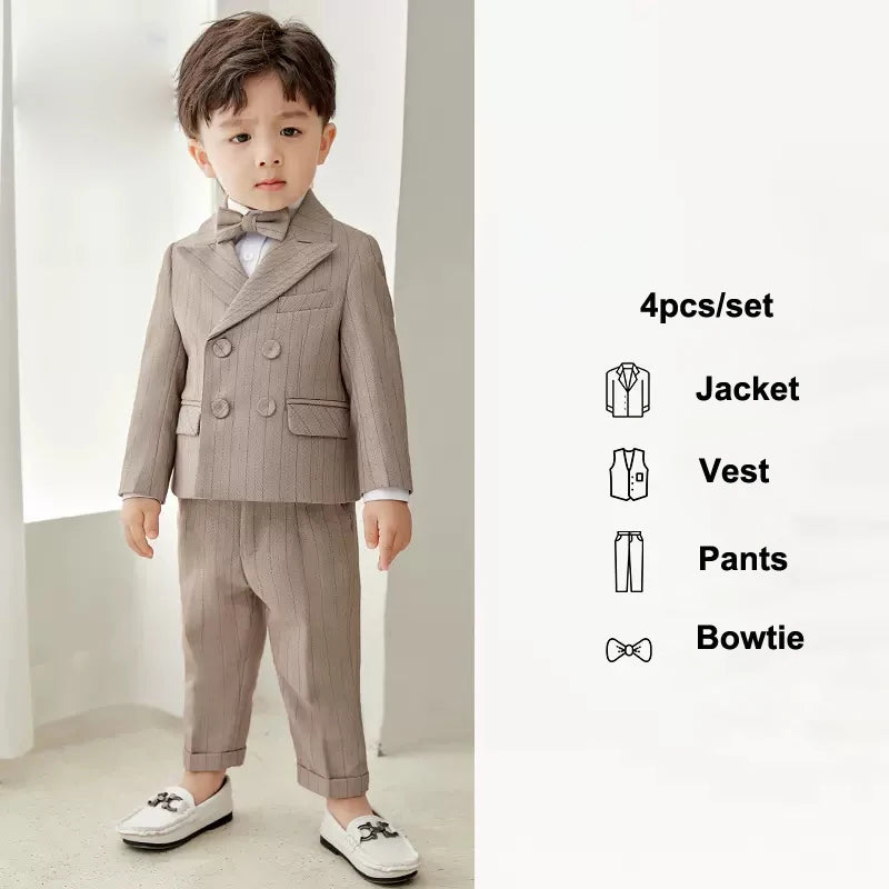 Boys Spring Summer Khaki Striped Suit Set Baby Child Birthday Party Wedding Photography Costume Kids Blazer Vest Pants Clothes