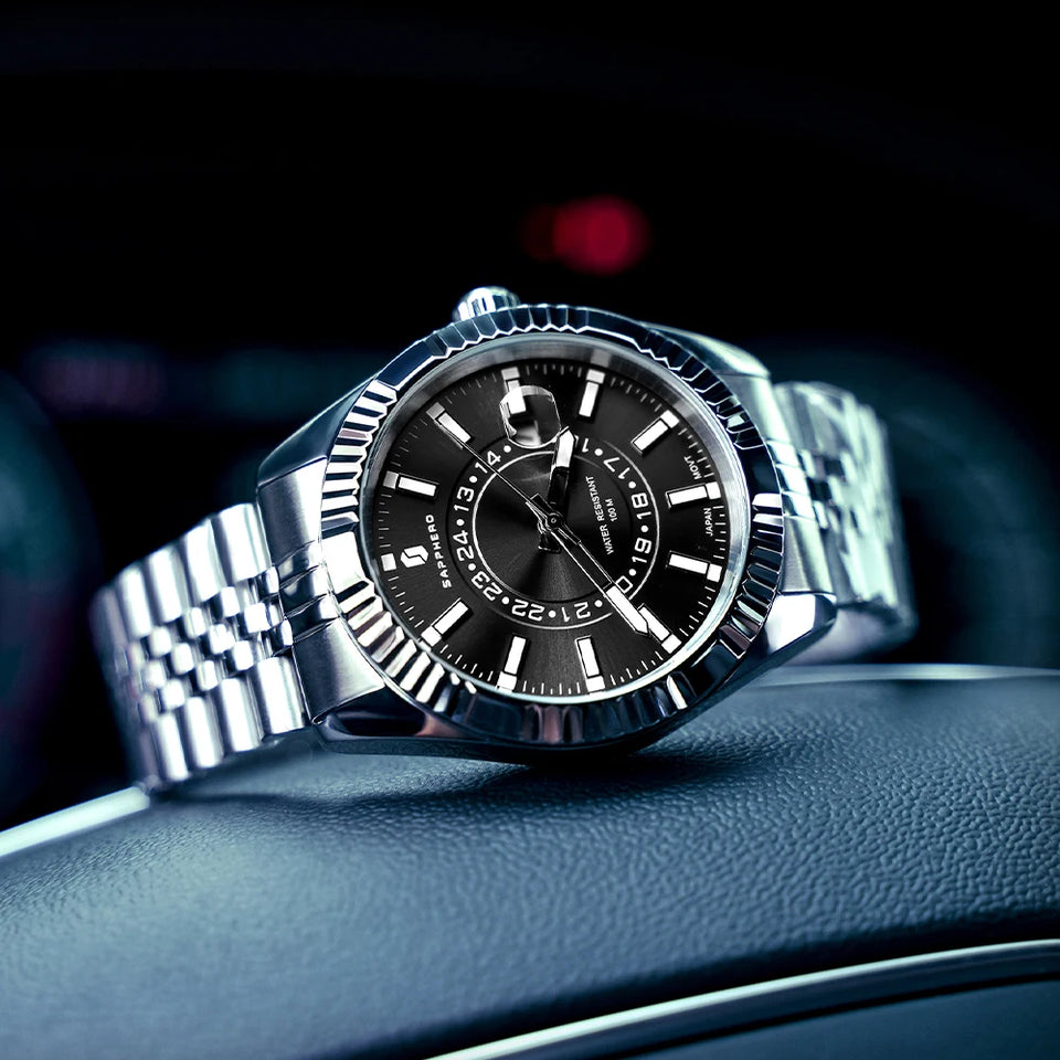 SAPPHERO Mens Watches luxury Business Stainless steel Wristwatch 100m Waterproof Bleu Quartz luminous Clock Gift for Men