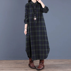 Women Autumn Checked Shirt Dress Lapel Long Sleeves