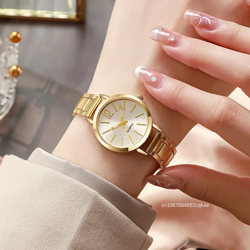 Luxury Watch for Women Simple Round Dial Stainless Fashion Gold Bracelet Quartz Wristwatch Students Ladies Watches