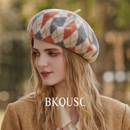 Elegant Pure Wool Vintage Beret Woman Luxury Hats Winter Caps