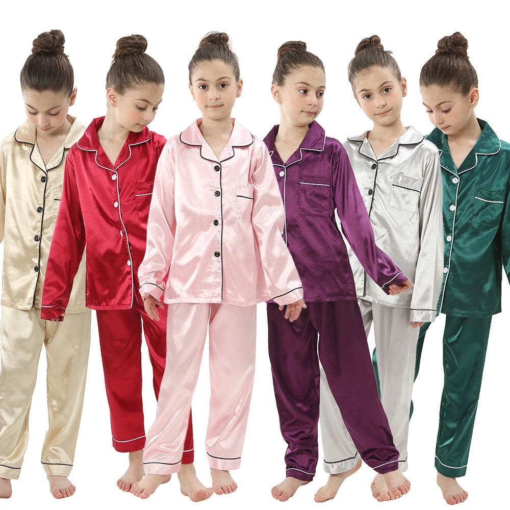 New Children Silk Satin Pyjamas Set Baby Sleepwear Autumn Kids Loungewear