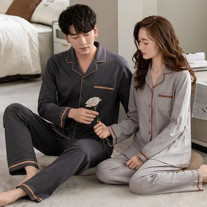 2025 Spring Couple Long Sleeve 100% Cotton Pajama Sets for Men Korean Loose Sleepwear Suit Pyjamas Women Homewear Home Clothes