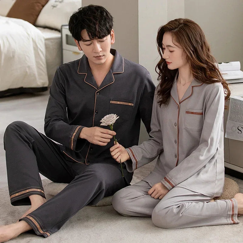 2025 Spring Couple Long Sleeve 100% Cotton Pajama Sets for Men Korean Loose Sleepwear Suit Pyjamas Women Homewear Home Clothes