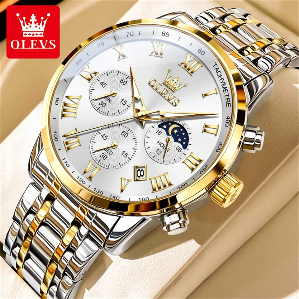 OLEVS 5529 Luxury Quartz Watch For Men Roman Scale Moon Phase Chronograph Man Watches Waterproof Luminous Calendar Wrist Watch