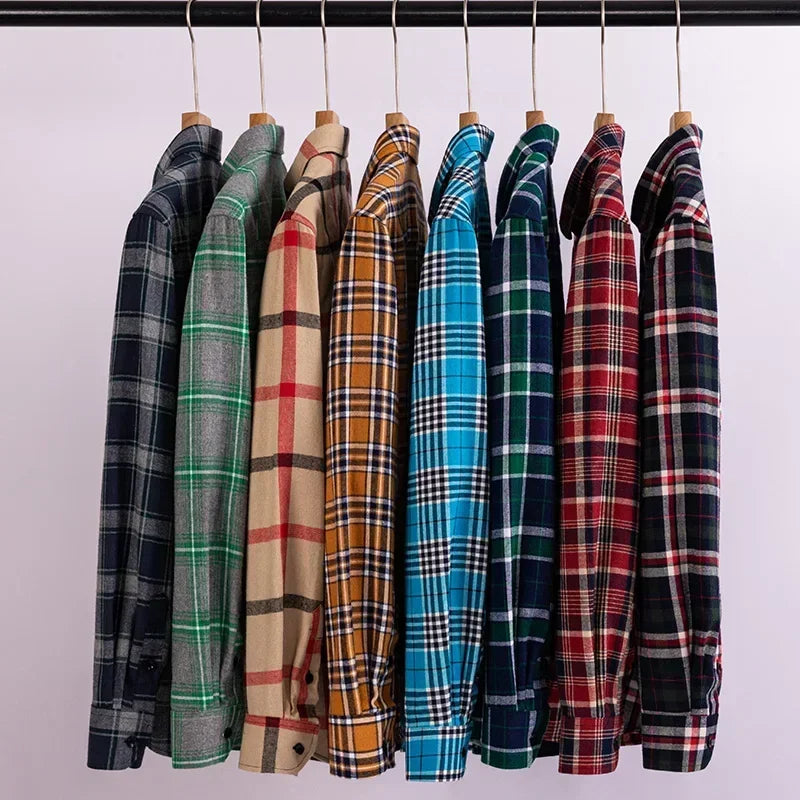 Cotton Flannel Plaid Shirts Men Regular Fit